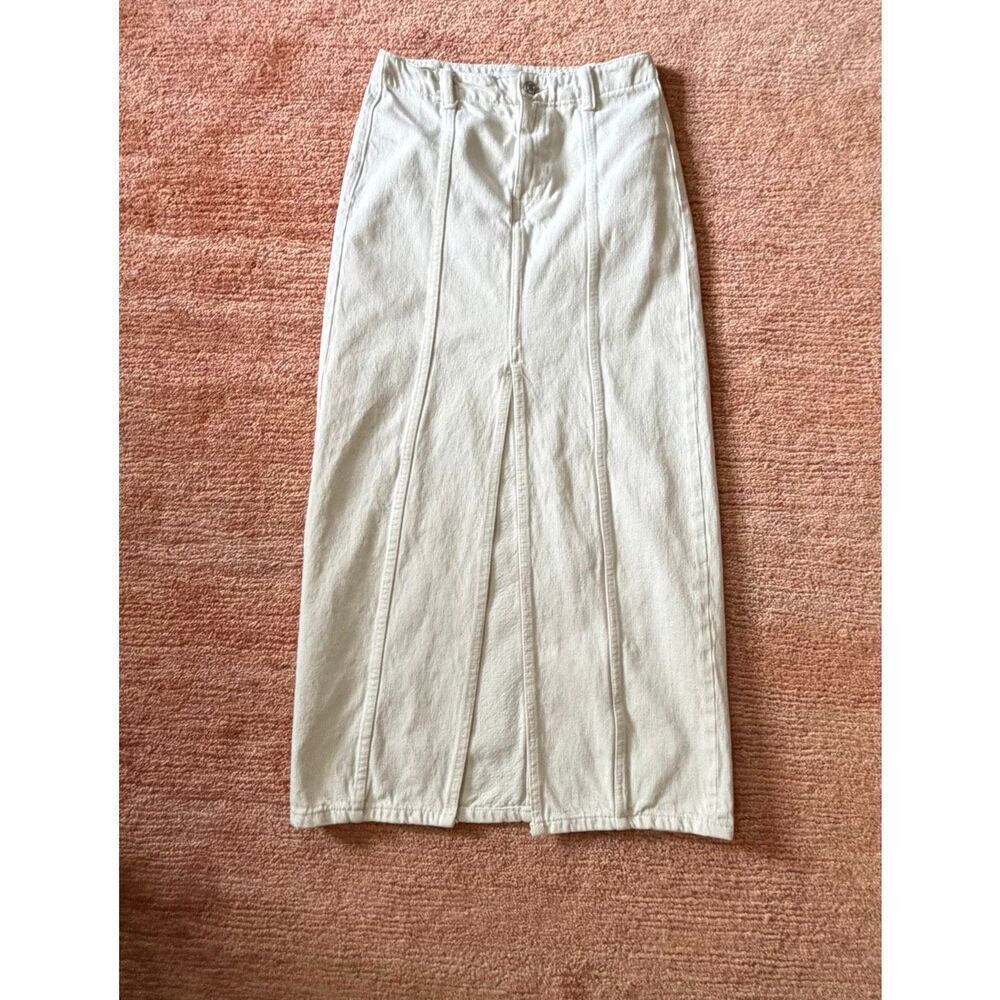 ZARA High Waisted Denim Midi Skirt Cream Slit Size XS
